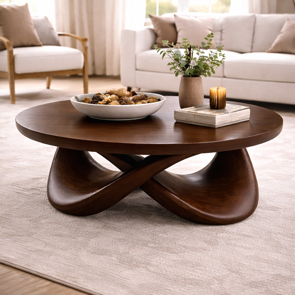 Round Solid Wood Coffee Table with Sculptural Base – Modern Designer Living Room Table