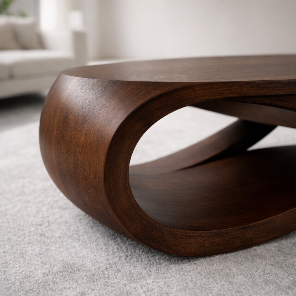 Solid Wood Oval Coffee Table with Sculptural Base – Modern Designer Living Room Table