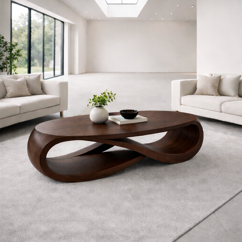 Solid Wood Oval Coffee Table with Sculptural Base – Modern Designer Living Room Table