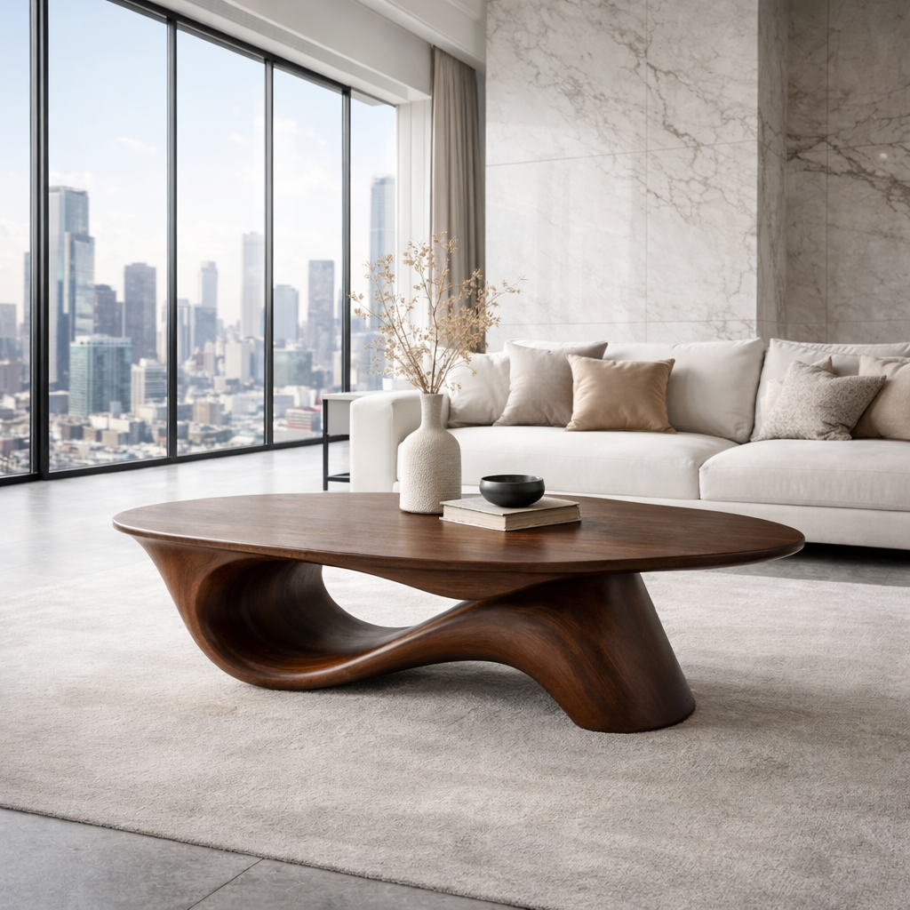 Organic Solid Wood Coffee Table with Sculpted Base – Modern Designer Living Room Table