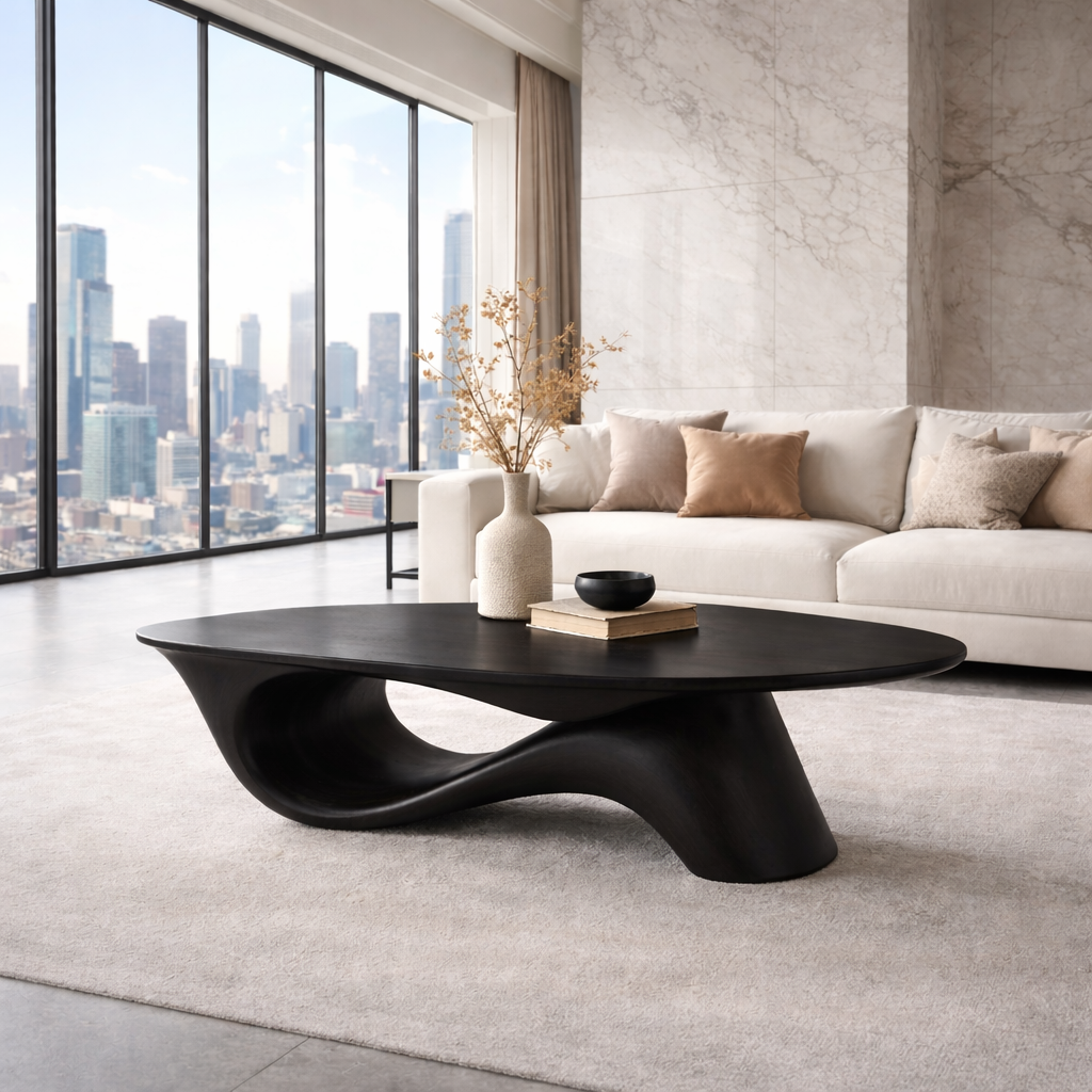 Organic Solid Wood Coffee Table with Sculpted Base – Modern Designer Living Room Table