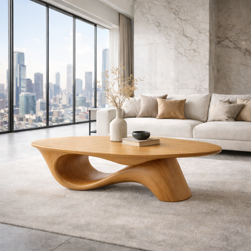 Organic Solid Wood Coffee Table with Sculpted Base – Modern Designer Living Room Table