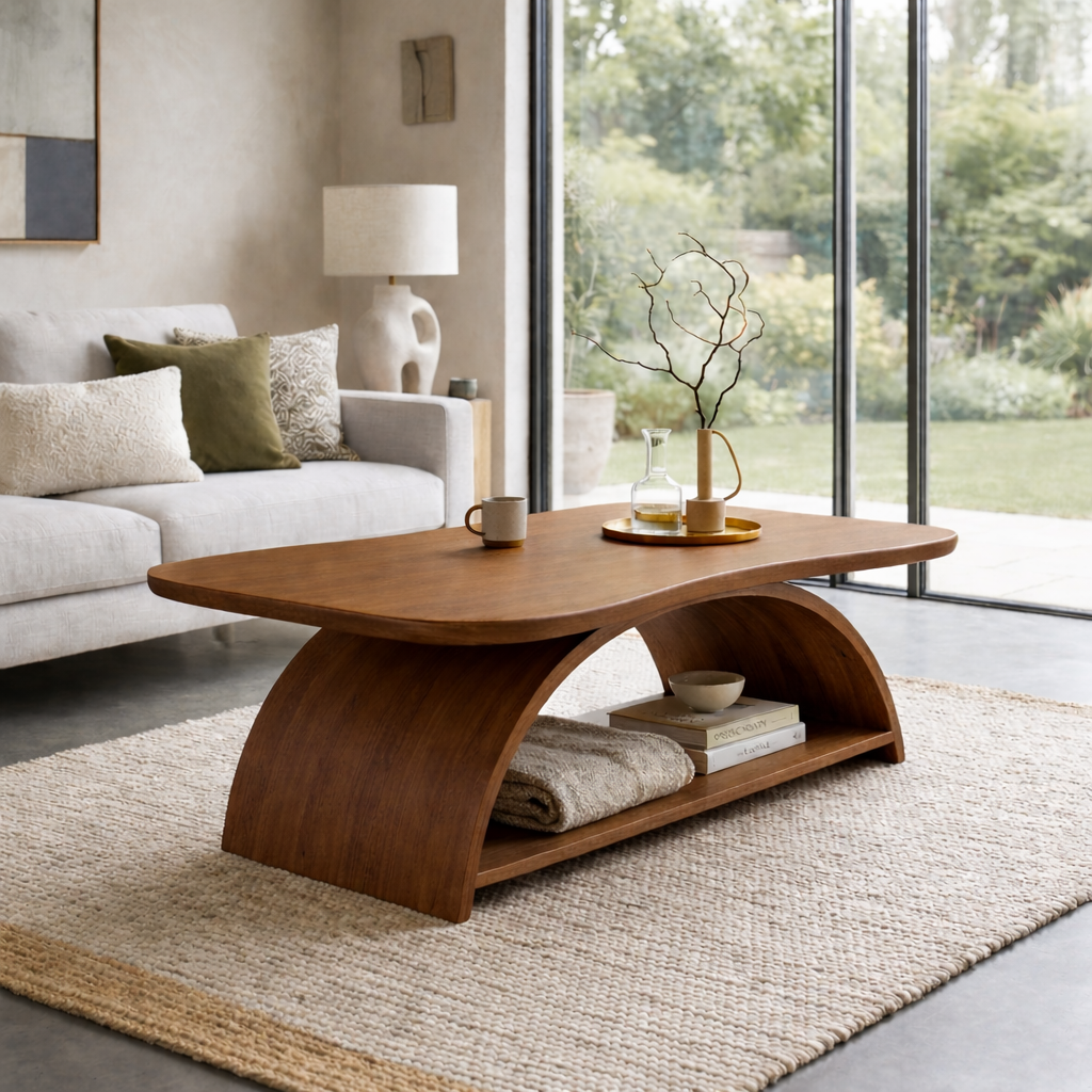 Curved Solid Wood Coffee Table with Open Shelf – Modern Sculptural Design