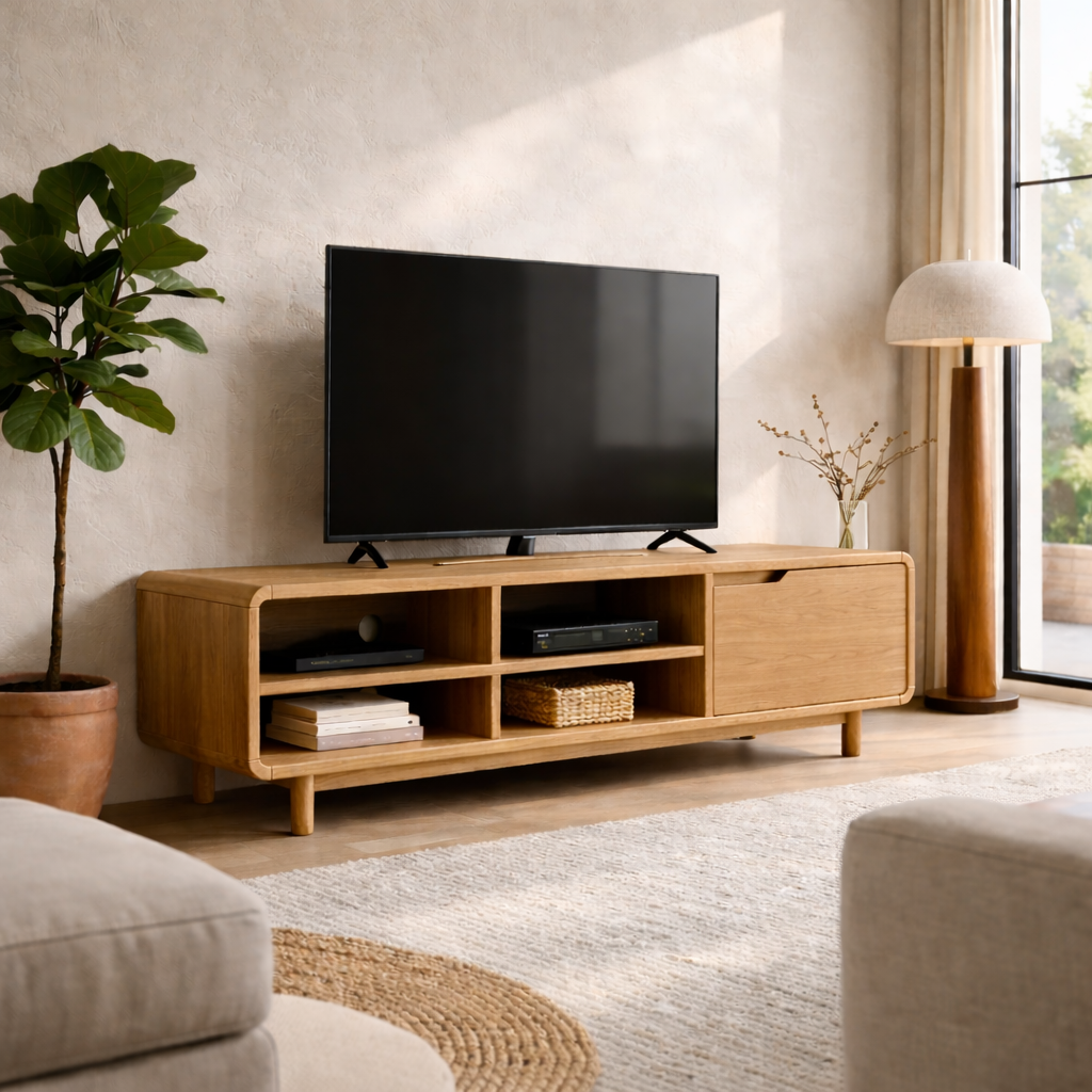 Solid Wood TV Stand with Open Shelves and Sliding Door – Mid-Century Modern Media Console