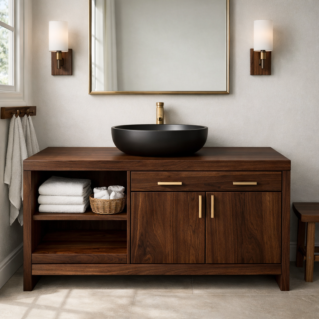 Solid Wood Bathroom Vanity with Open Shelf and Concealed Cabinet Storage