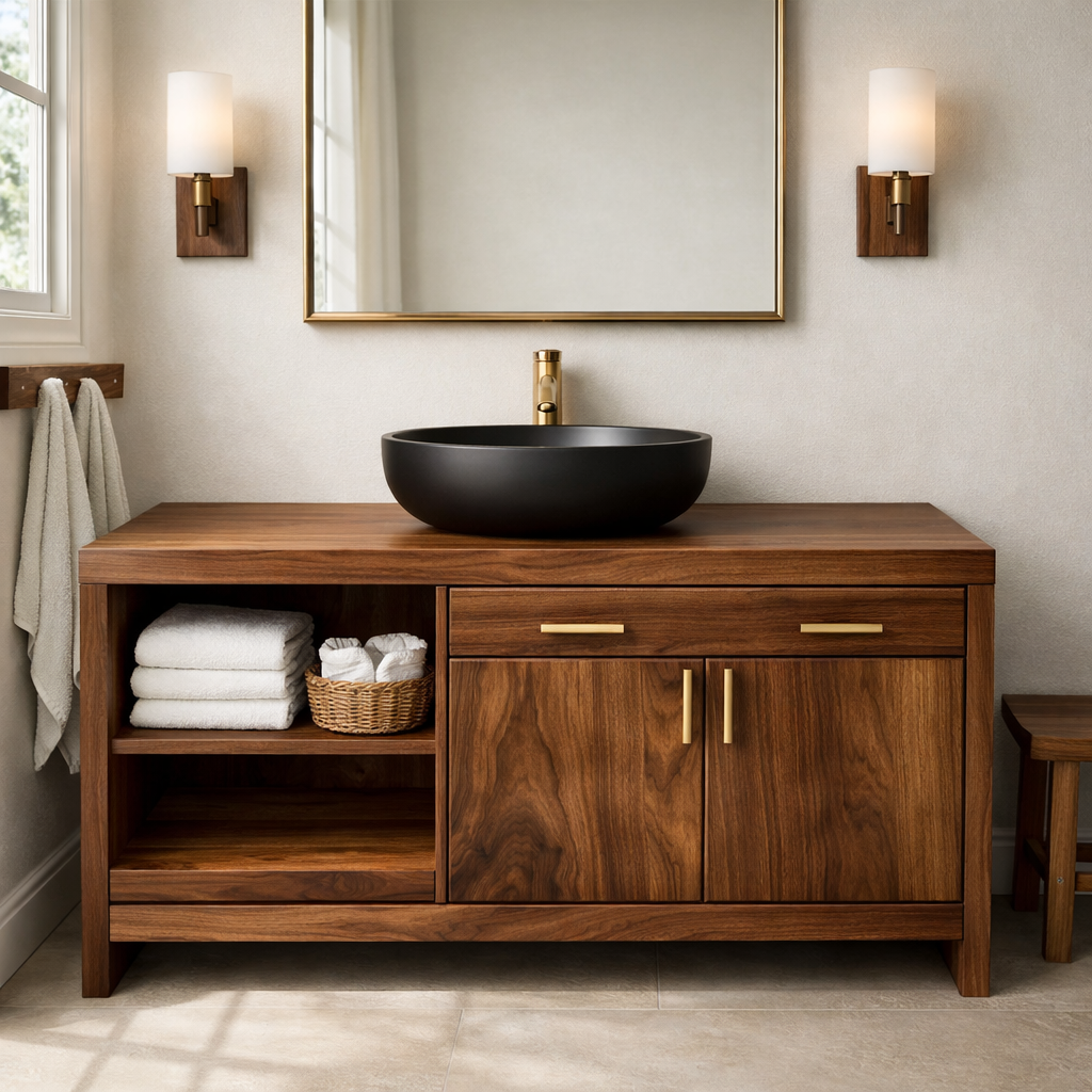 Solid Wood Bathroom Vanity with Open Shelf and Concealed Cabinet Storage