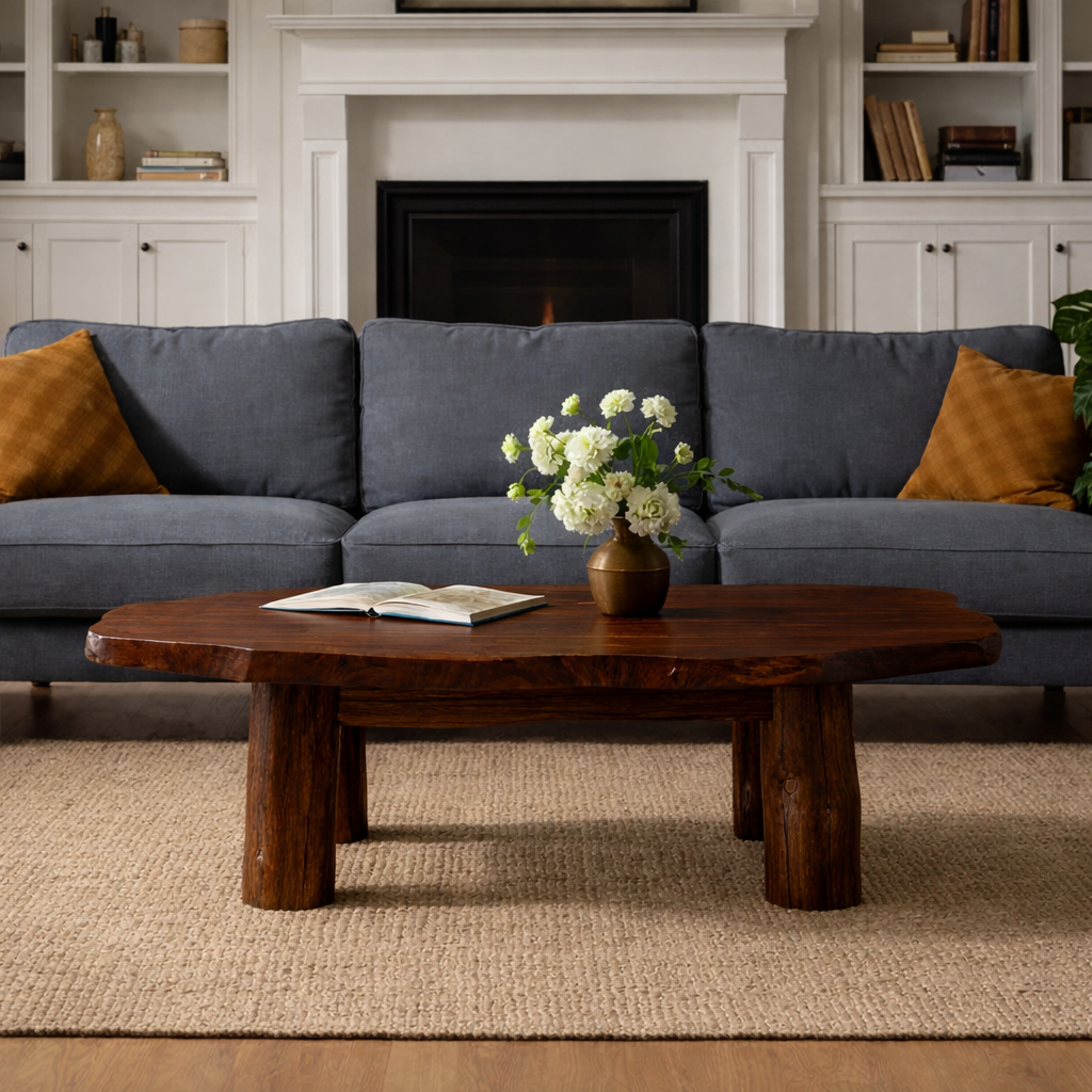 Solid Wood Round Coffee Table with Chunky Legs – Rustic Natural Wood Living Room Table