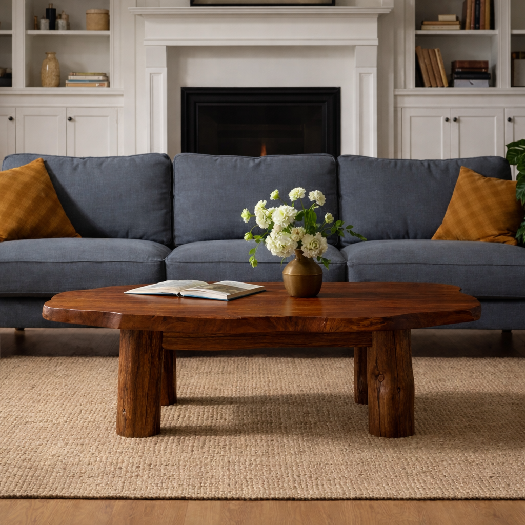 Solid Wood Round Coffee Table with Chunky Legs – Rustic Natural Wood Living Room Table