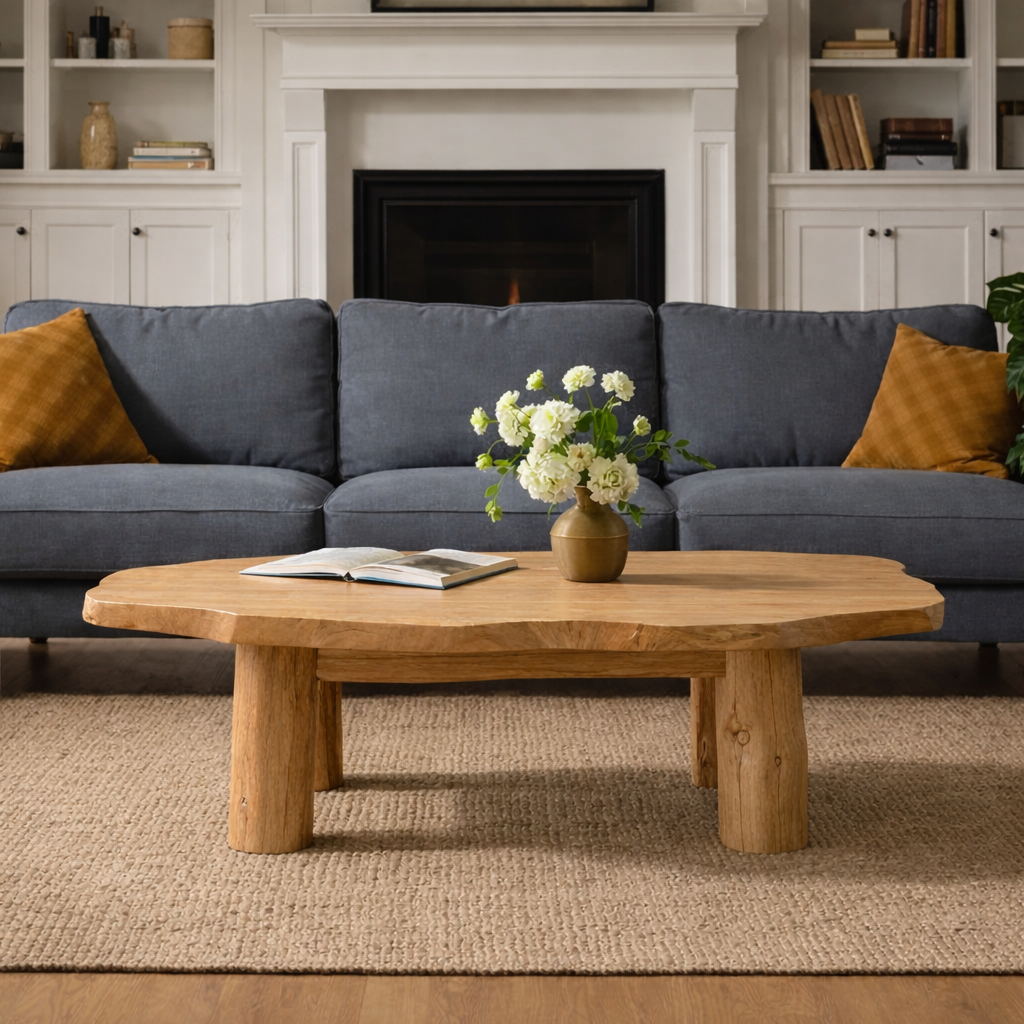 Solid Wood Round Coffee Table with Chunky Legs – Rustic Natural Wood Living Room Table