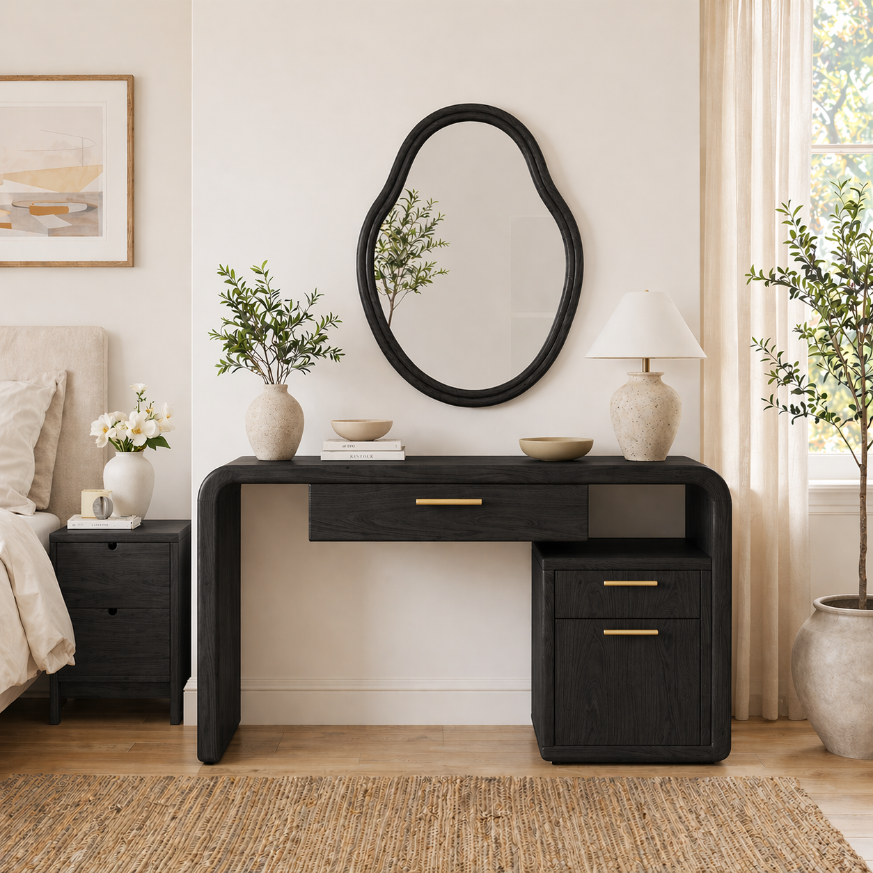 Solid Wood Makeup Vanity Desk with Rounded Frame and Drawer Storage