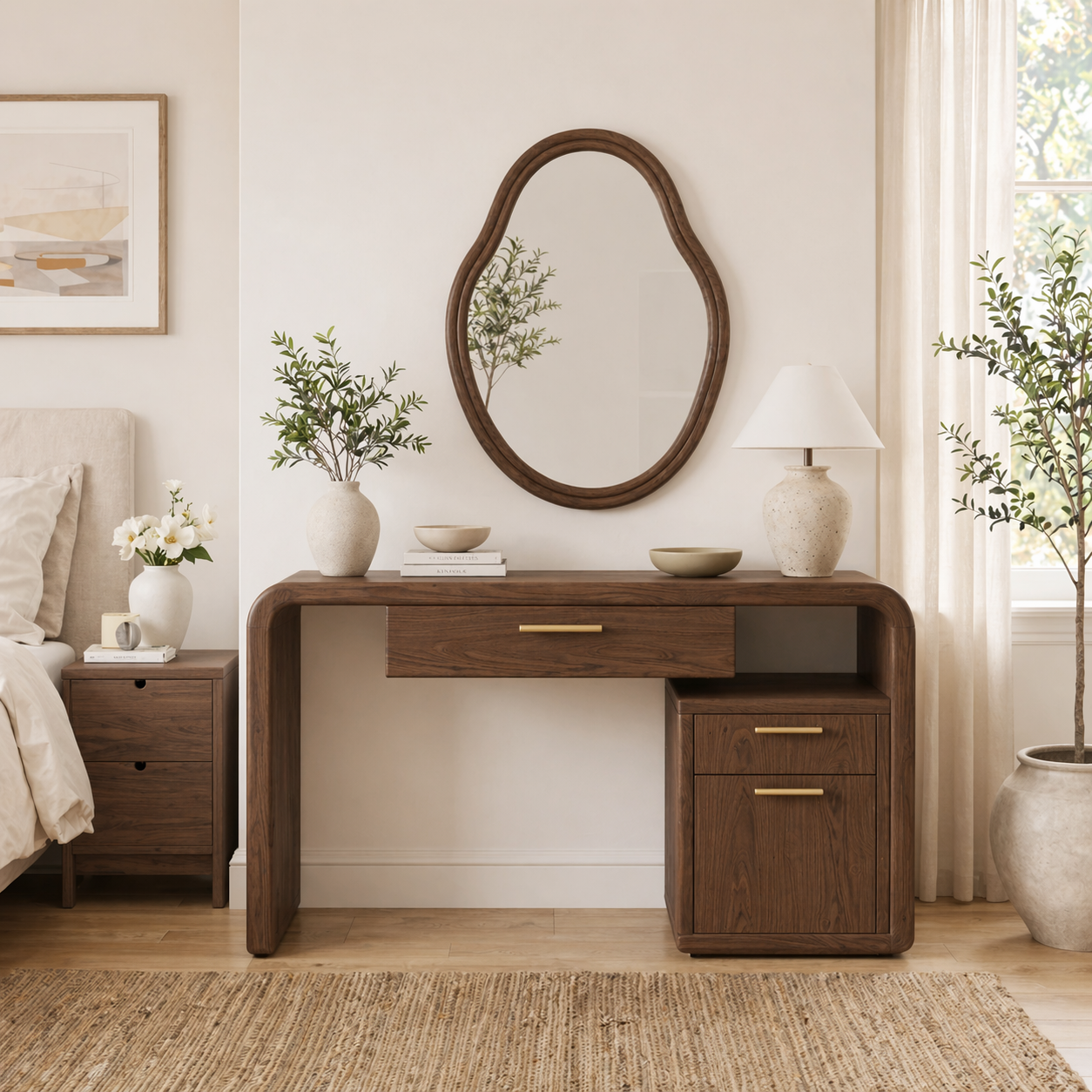 Solid Wood Makeup Vanity Desk with Rounded Frame and Drawer Storage