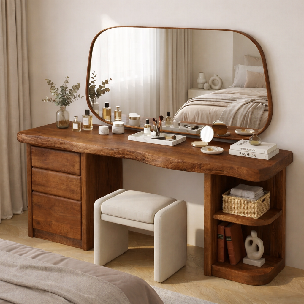 Solid Wood Makeup Vanity Desk with Live Edge Top, 3 Drawers and Open Side Shelves