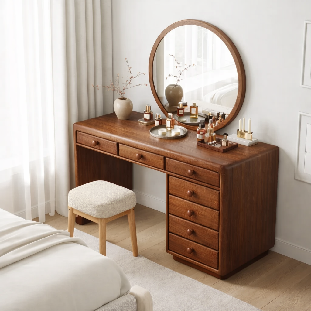 Solid Wood Makeup Vanity Desk with 7 Drawers, Modern Wooden Dressing Table with Rounded Edges