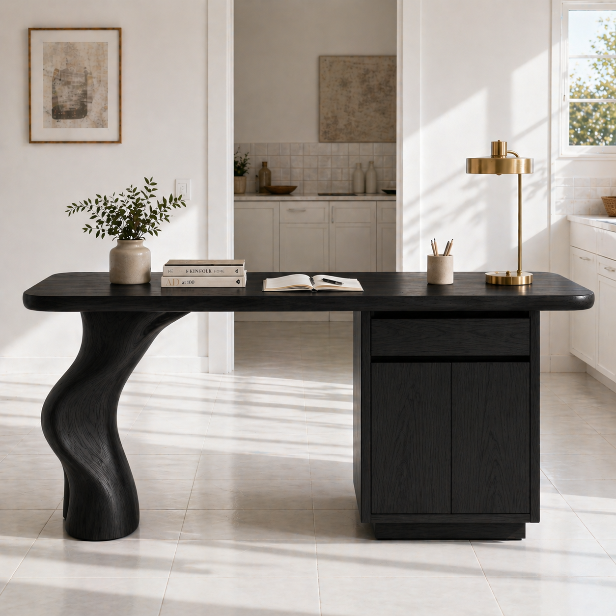 Solid Wood Writing Desk with Sculptural Curved Leg and Storage Cabinet