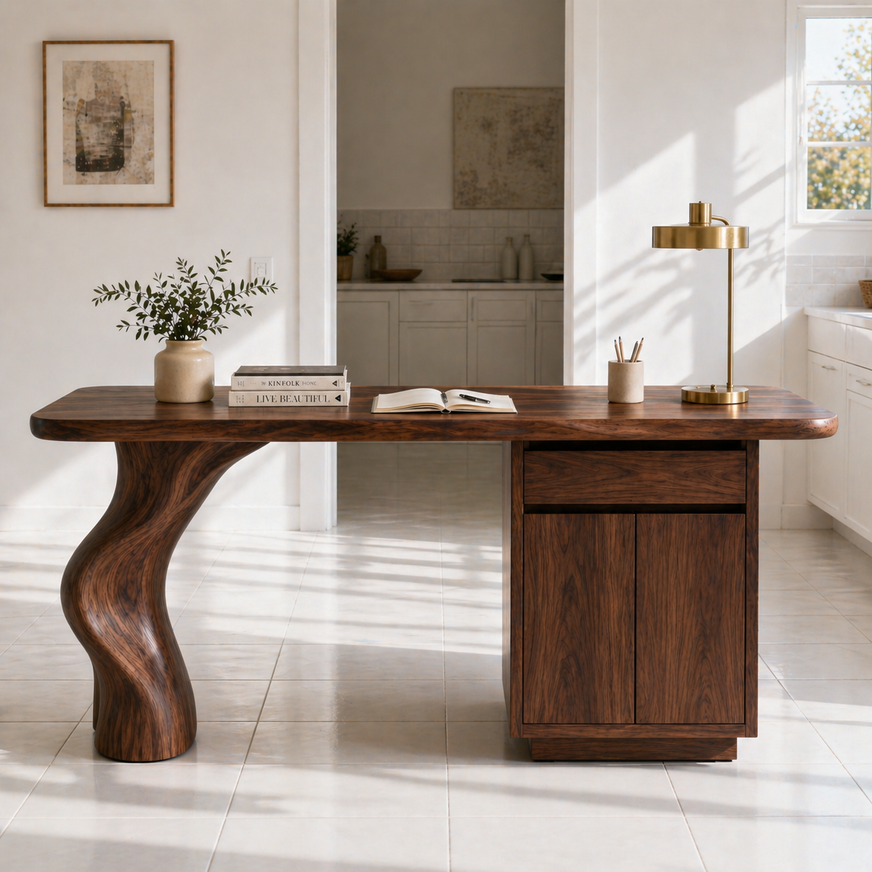 Solid Wood Writing Desk with Sculptural Curved Leg and Storage Cabinet