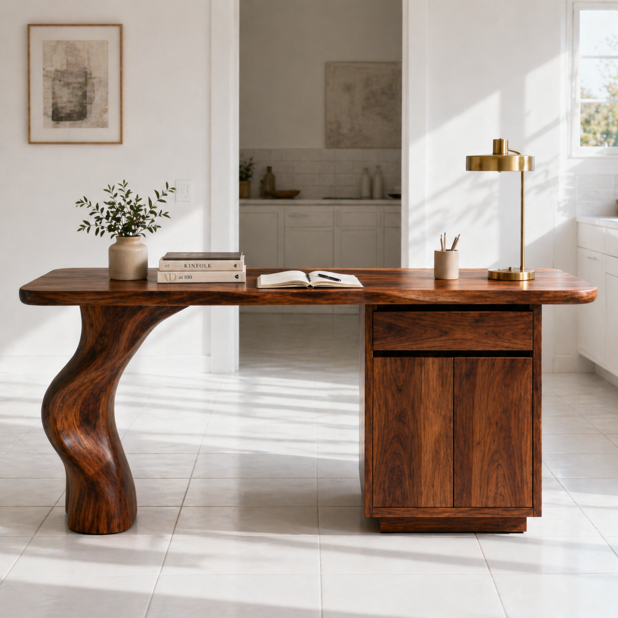 Solid Wood Writing Desk with Sculptural Curved Leg and Storage Cabinet