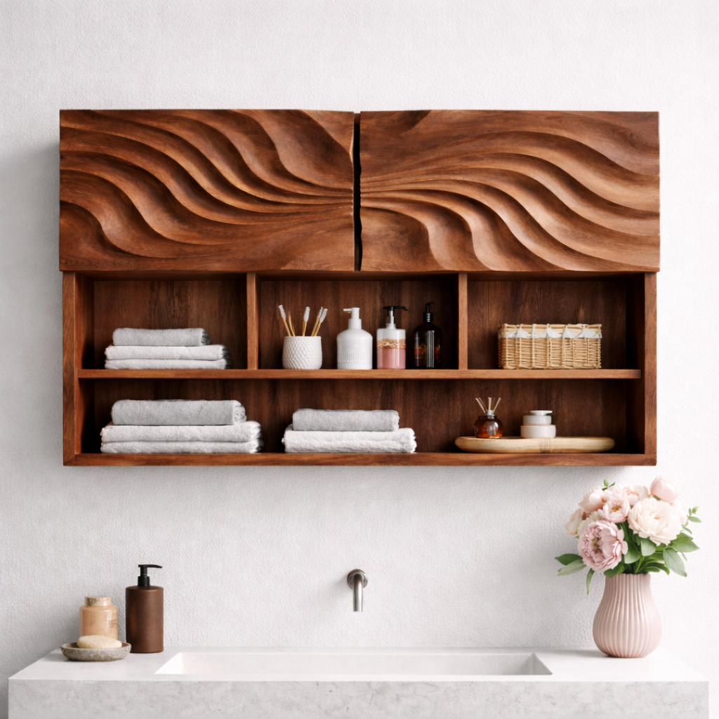 Solid Wood Floating Bathroom Shelf Cabinet with Wave Carved Doors
