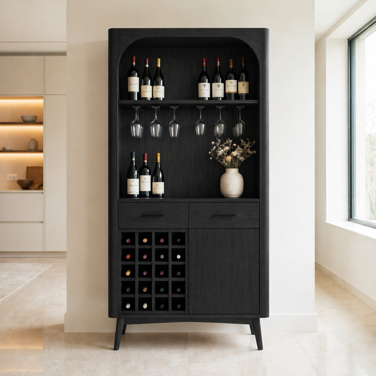 Solid Wood Wine Cabinet with Open Shelves, Glass Holder and Bottle Rack