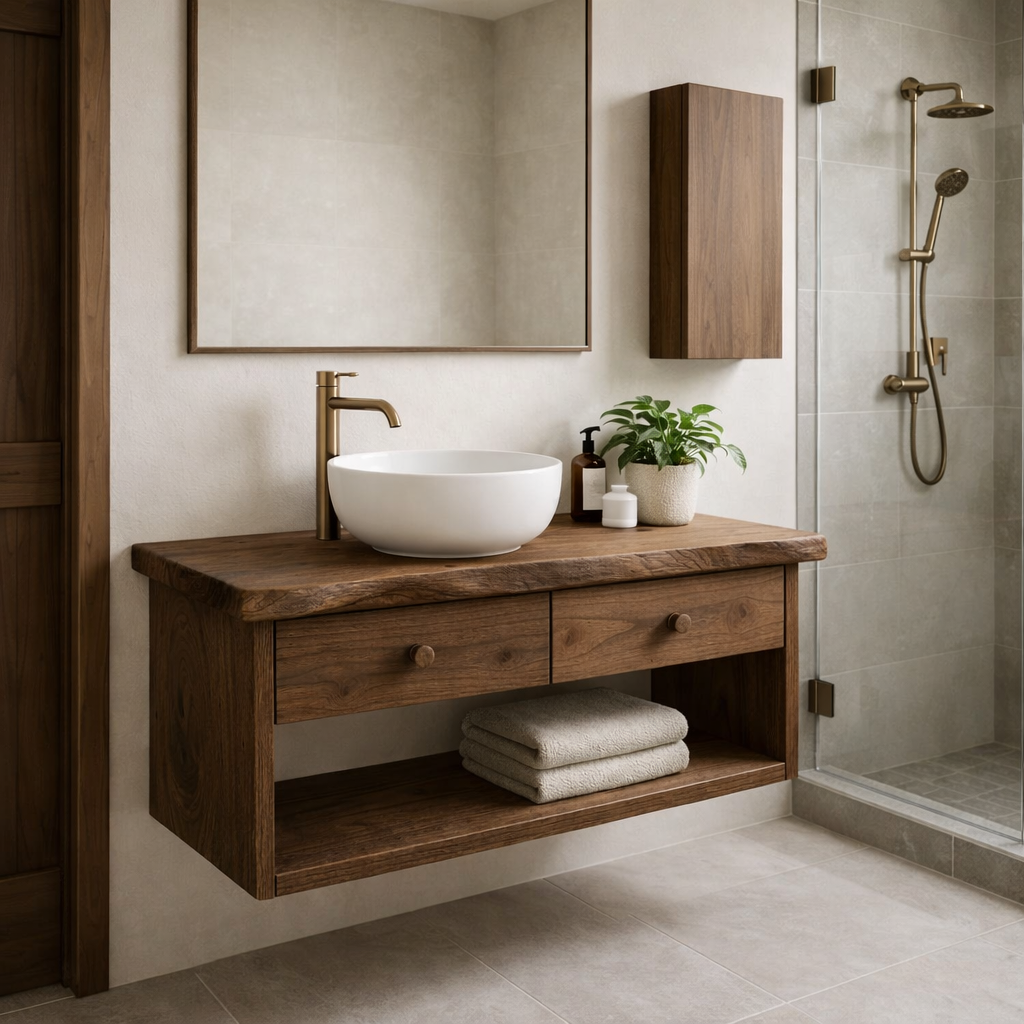 Floating Solid Wood Bathroom Vanity with Double Drawers – Wall Mounted Modern Design