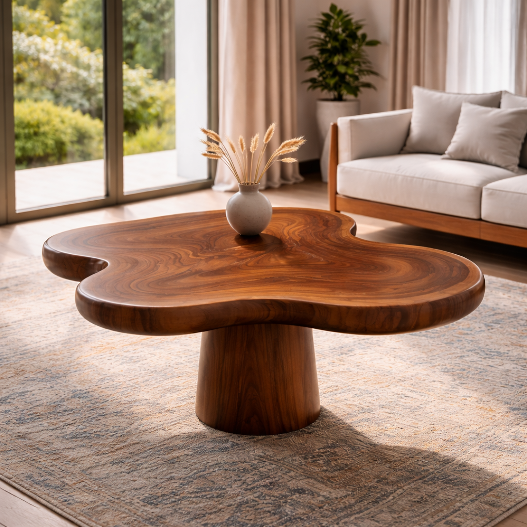 Organic Shape Solid Wood Coffee Table with Sculpted Pedestal Base