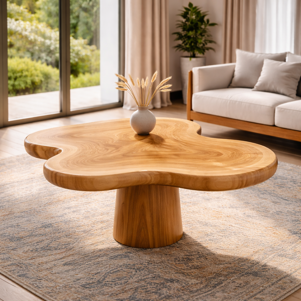 Organic Shape Solid Wood Coffee Table with Sculpted Pedestal Base