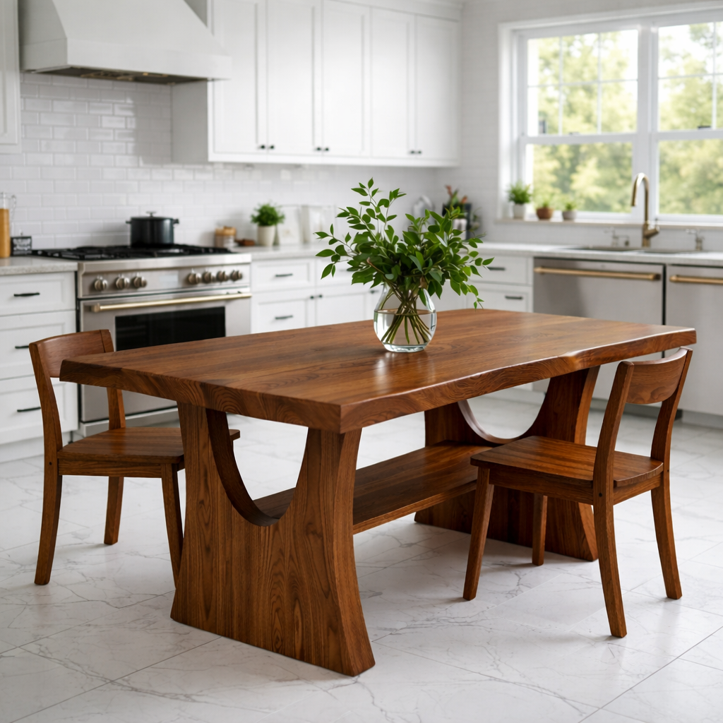 Solid Wood Dining Table with Sculptural Curved Base – Modern Oak Kitchen Table