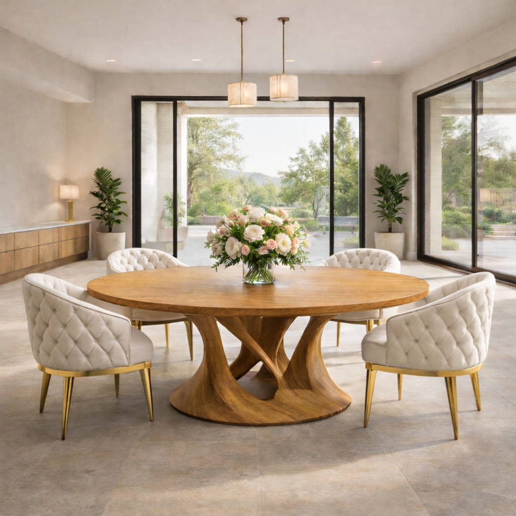 Modern Round Solid Wood Dining Table with Pedestal Base