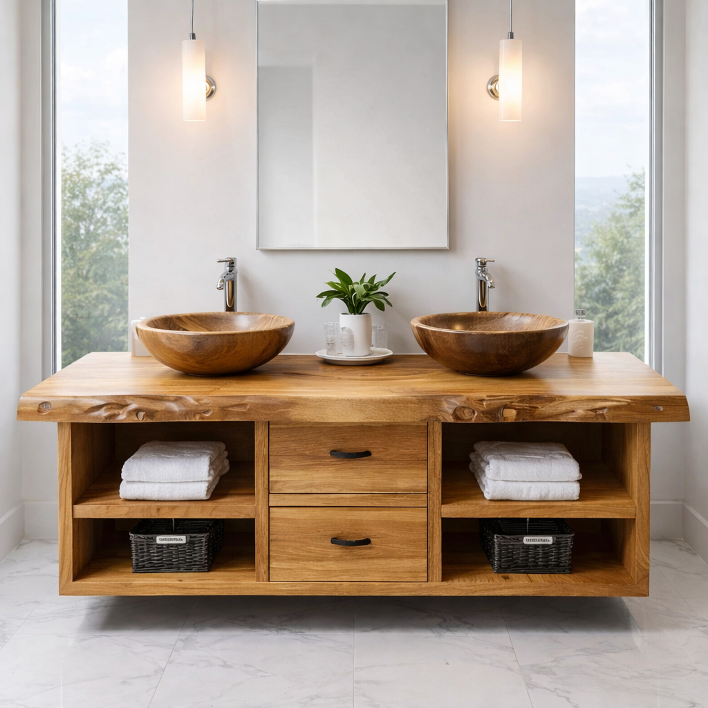Floating Solid Wood Bathroom Vanity Cabinet with Drawers and Open Shelves
