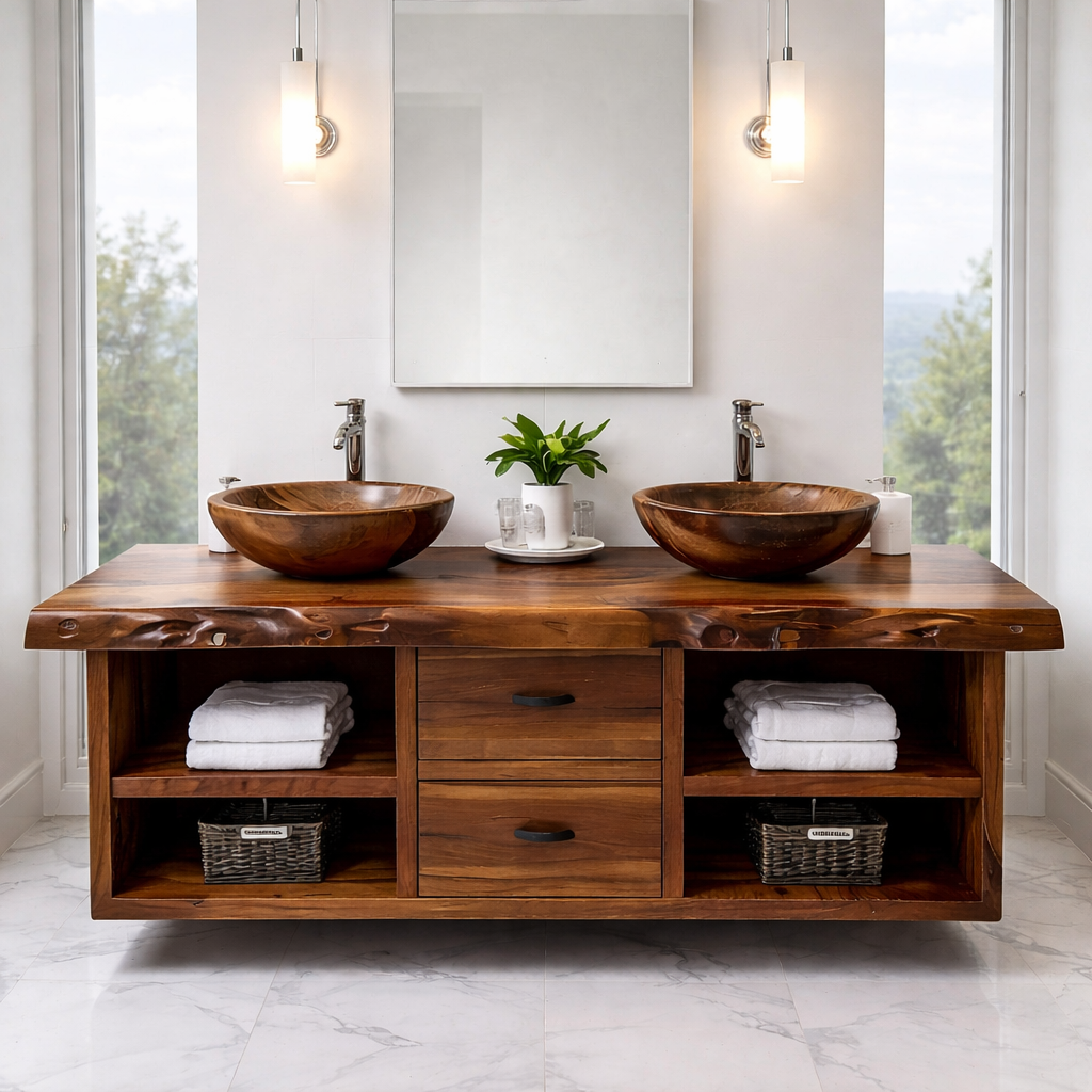 Floating Solid Wood Bathroom Vanity Cabinet with Drawers and Open Shelves