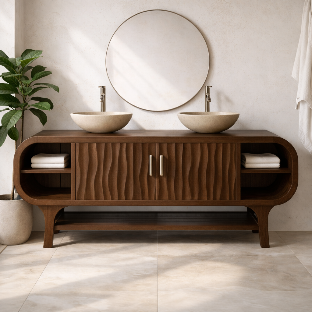 Solid Wood Bathroom Vanity Cabinet with Wave Texture Doors and Open Shelves
