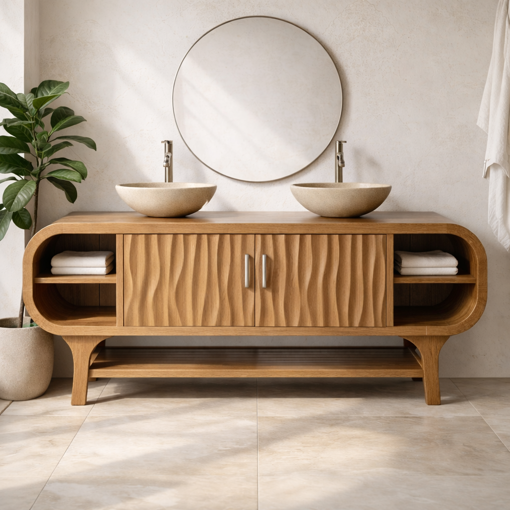Solid Wood Bathroom Vanity Cabinet with Wave Texture Doors and Open Shelves