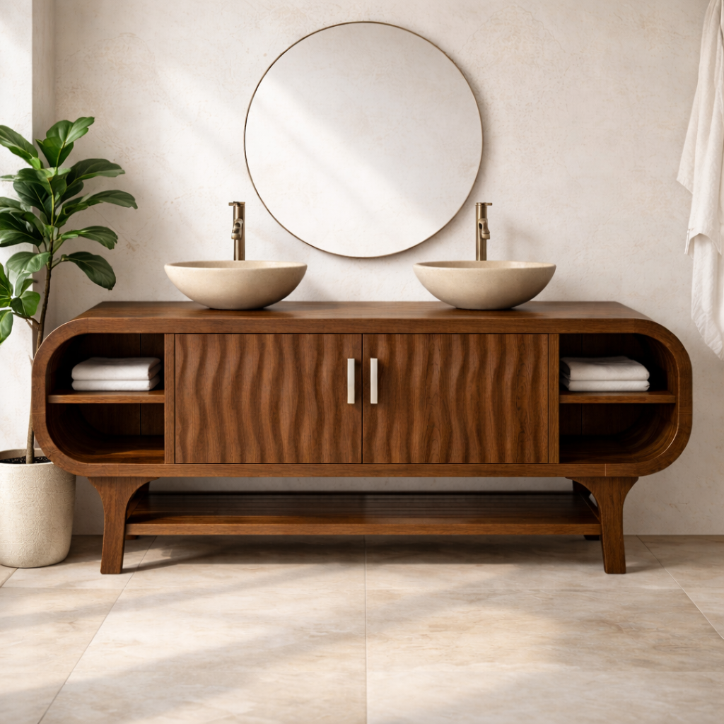 Solid Wood Bathroom Vanity Cabinet with Wave Texture Doors and Open Shelves