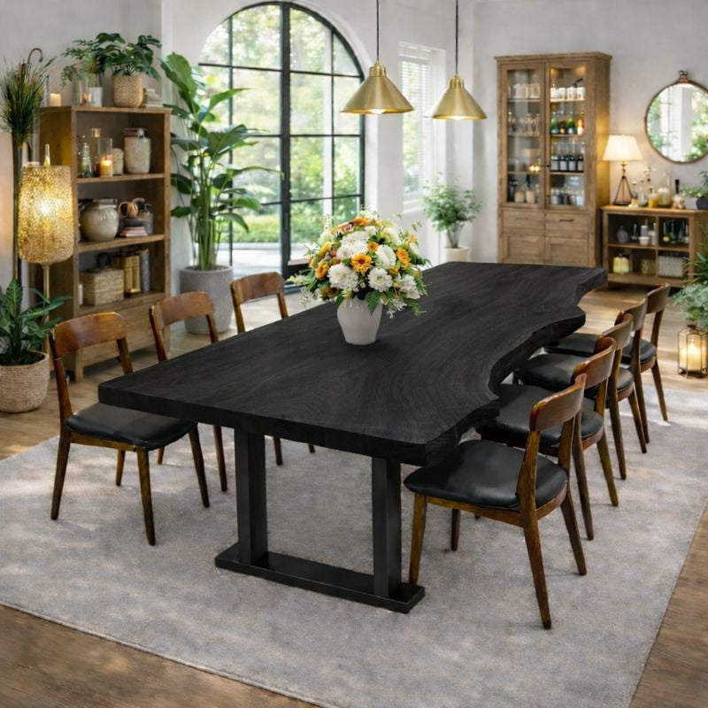 Modern Artful Live Edge Wood Dining Table with Minimal Metal Base