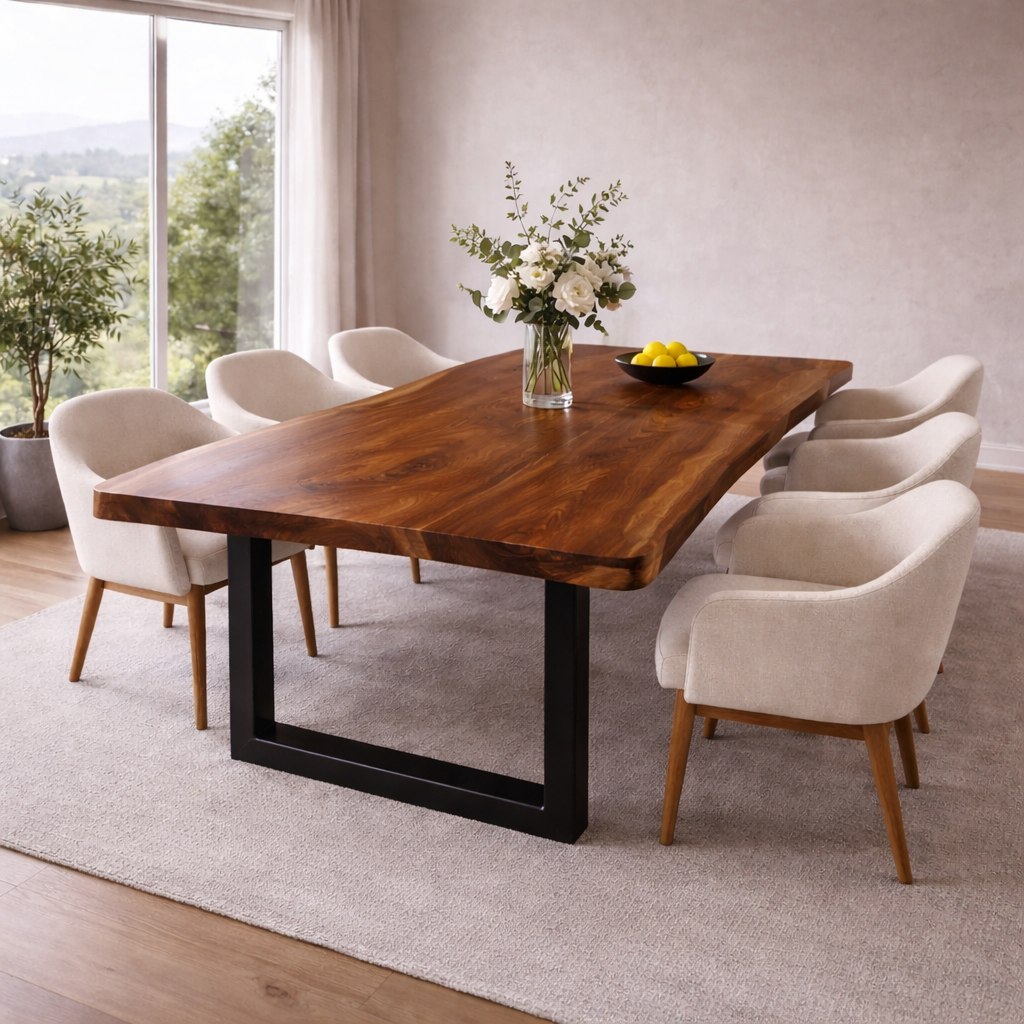 Modern Solid Wood Rectangular Dining Table with Black Steel Base