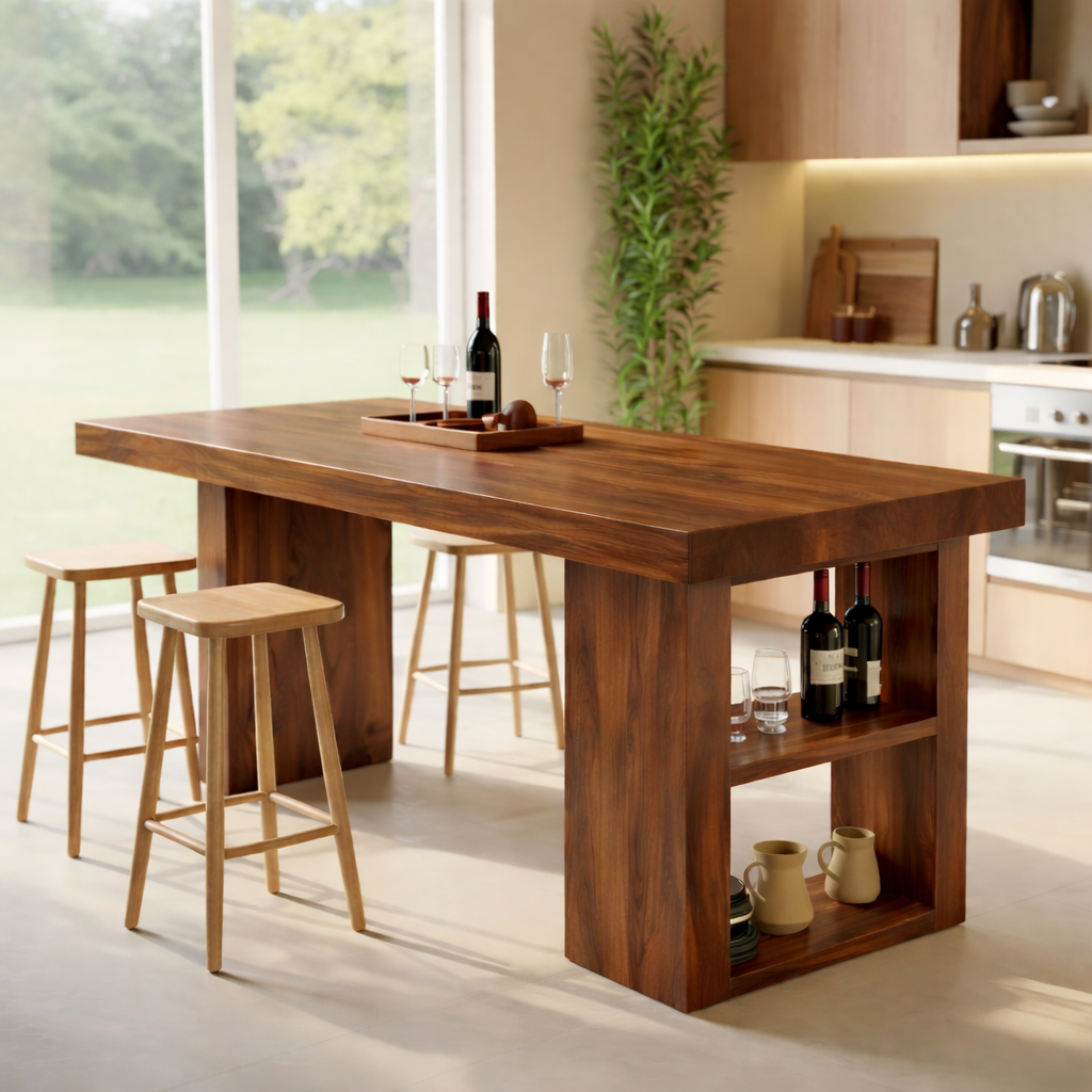 Modern Solid Wood Dining Table with Integrated Storage Shelf