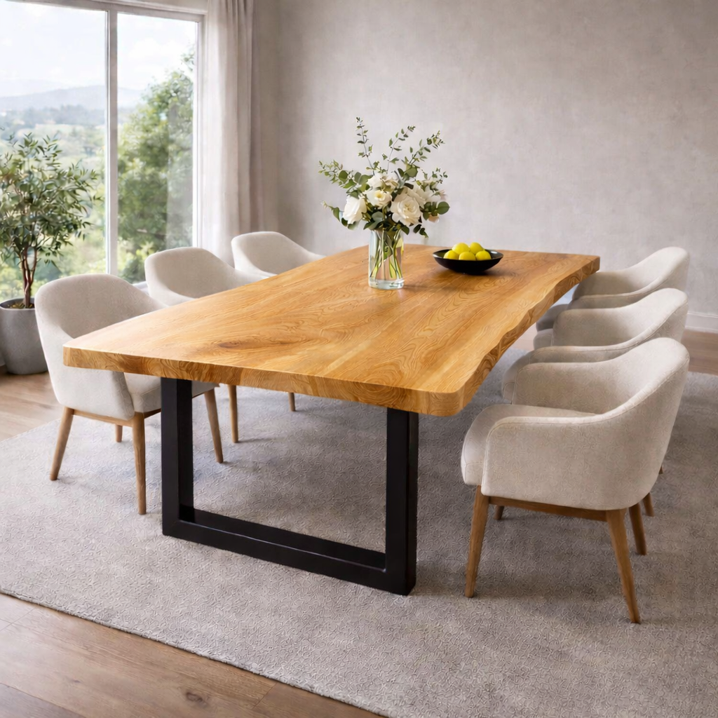 Modern Solid Wood Rectangular Dining Table with Black Steel Base