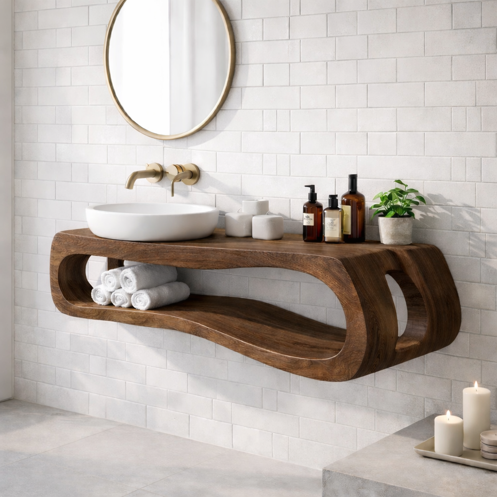 Solid Wood Floating Bathroom Vanity with Open Shelf – Modern Curved Wall Mounted Cabinet