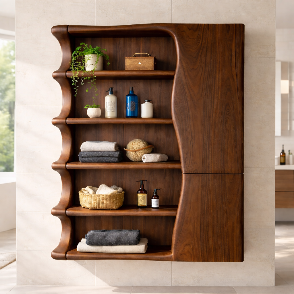 Solid Wood Floating Bathroom Cabinet with Wave Edge Shelves & Storage Door