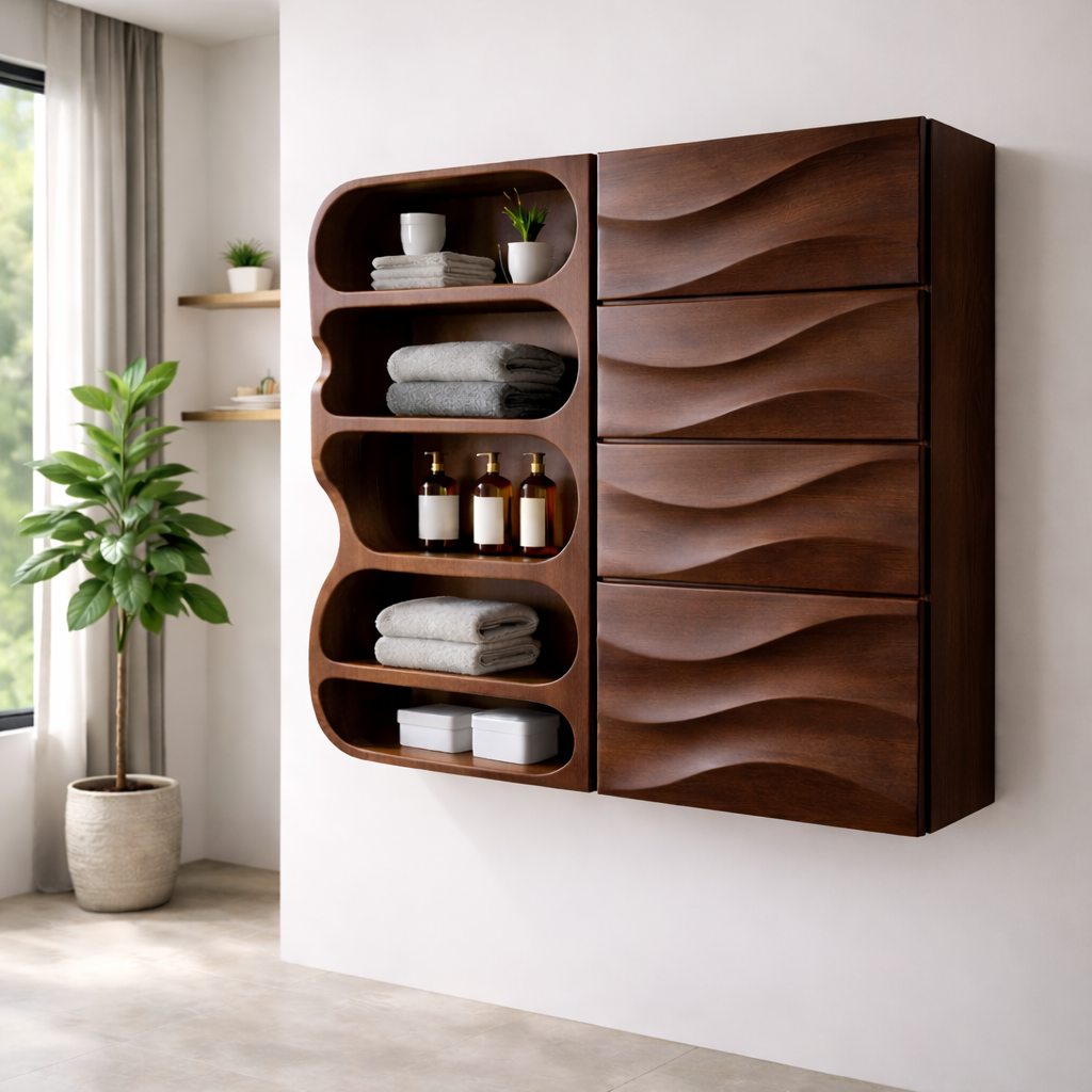 Solid Wood Floating Bathroom Cabinet with Wave Drawers & Open Shelves
