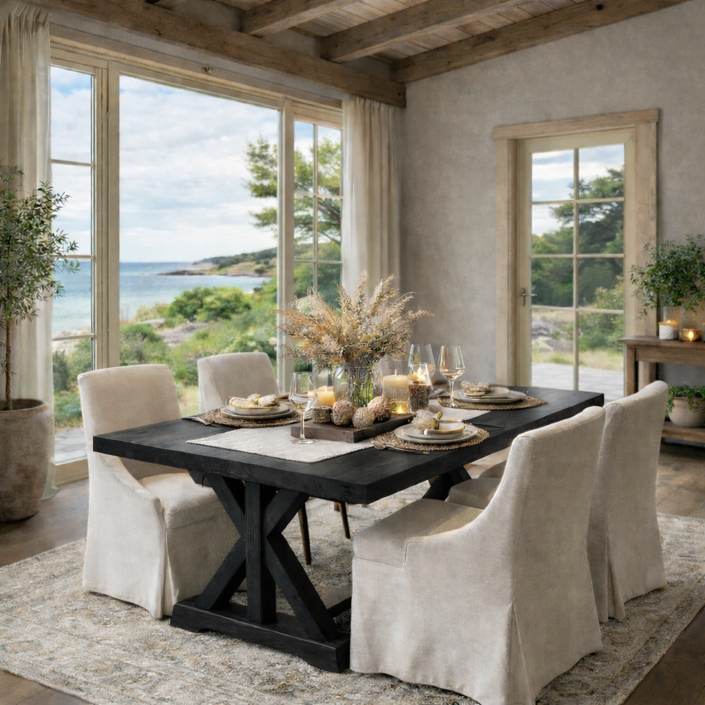 Coastal Rustic Solid Wood Dining Table with X-Base