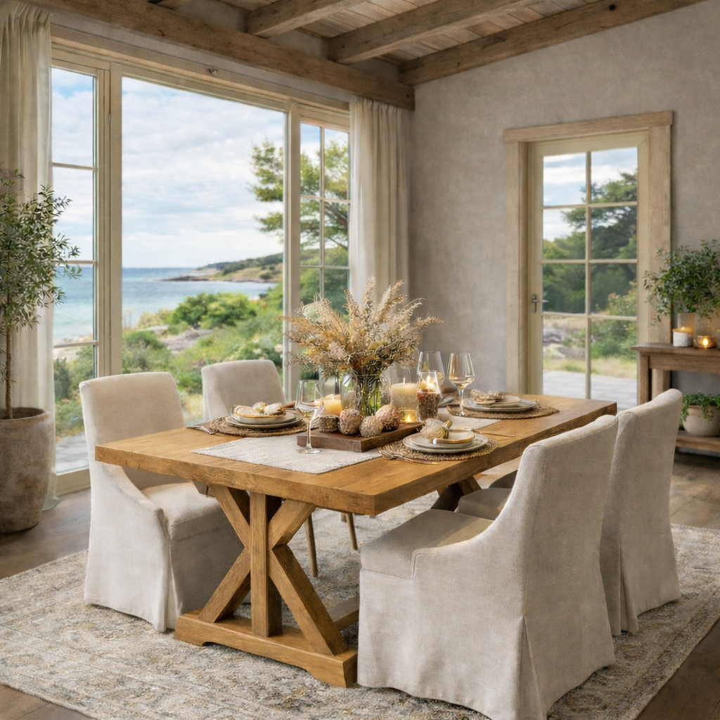 Coastal Rustic Solid Wood Dining Table with X-Base