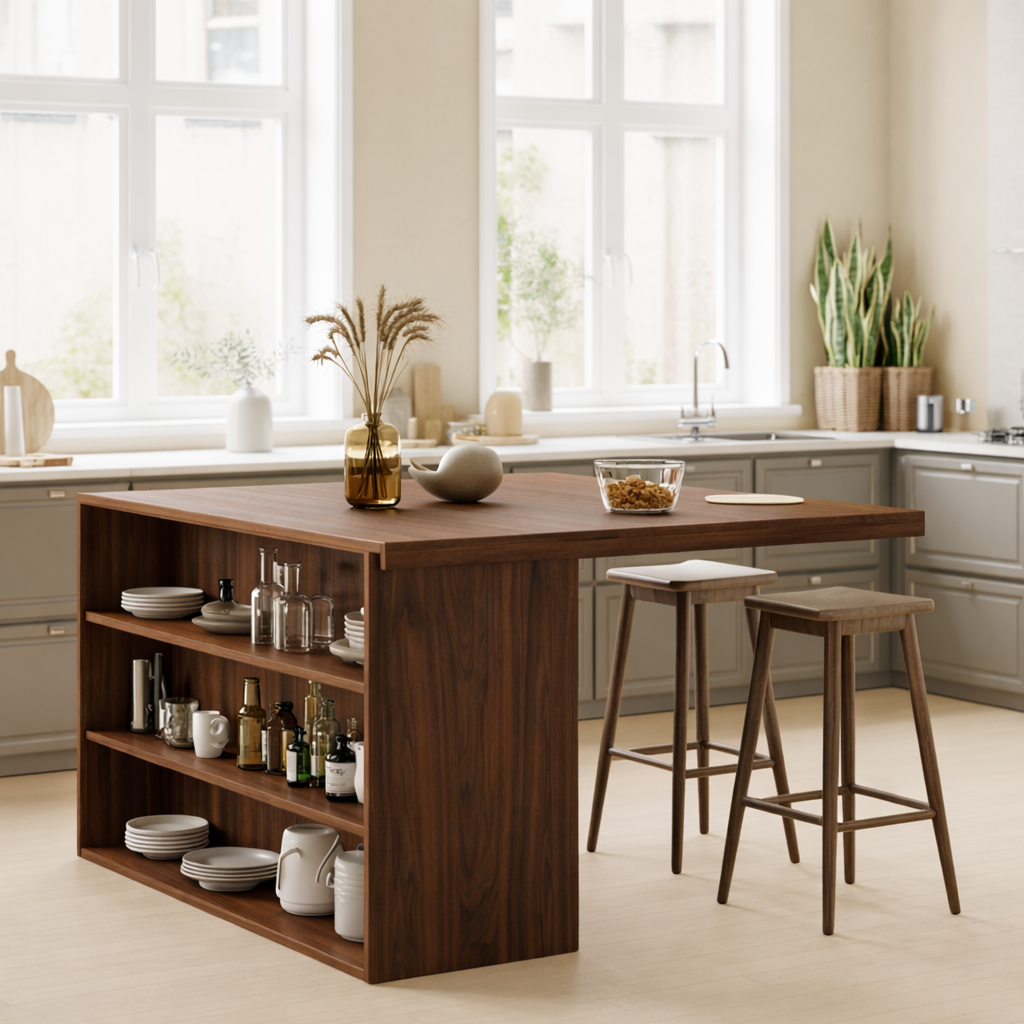 Modern Solid Wood Kitchen Island with Open Storage Shelves