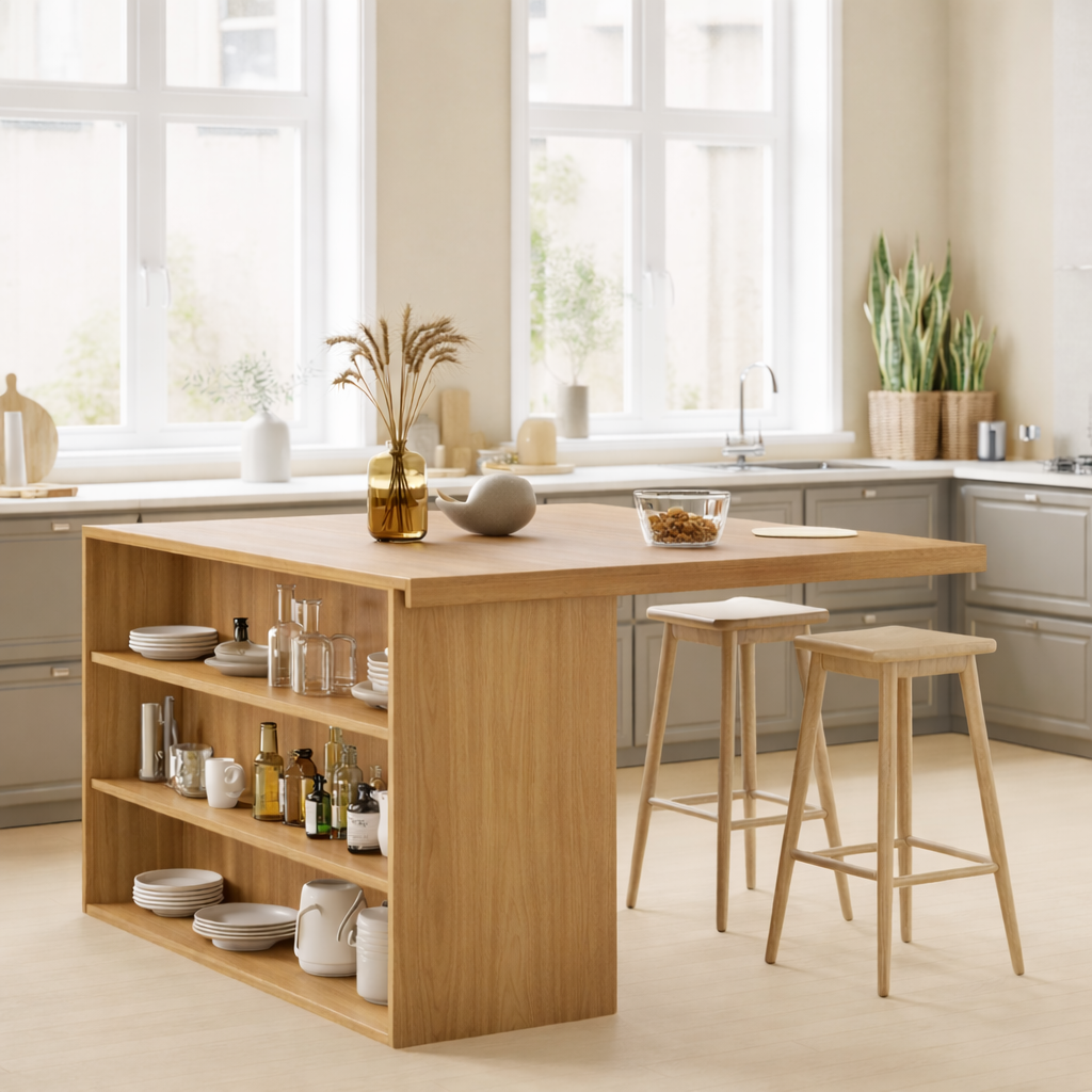 Modern Solid Wood Kitchen Island with Open Storage Shelves