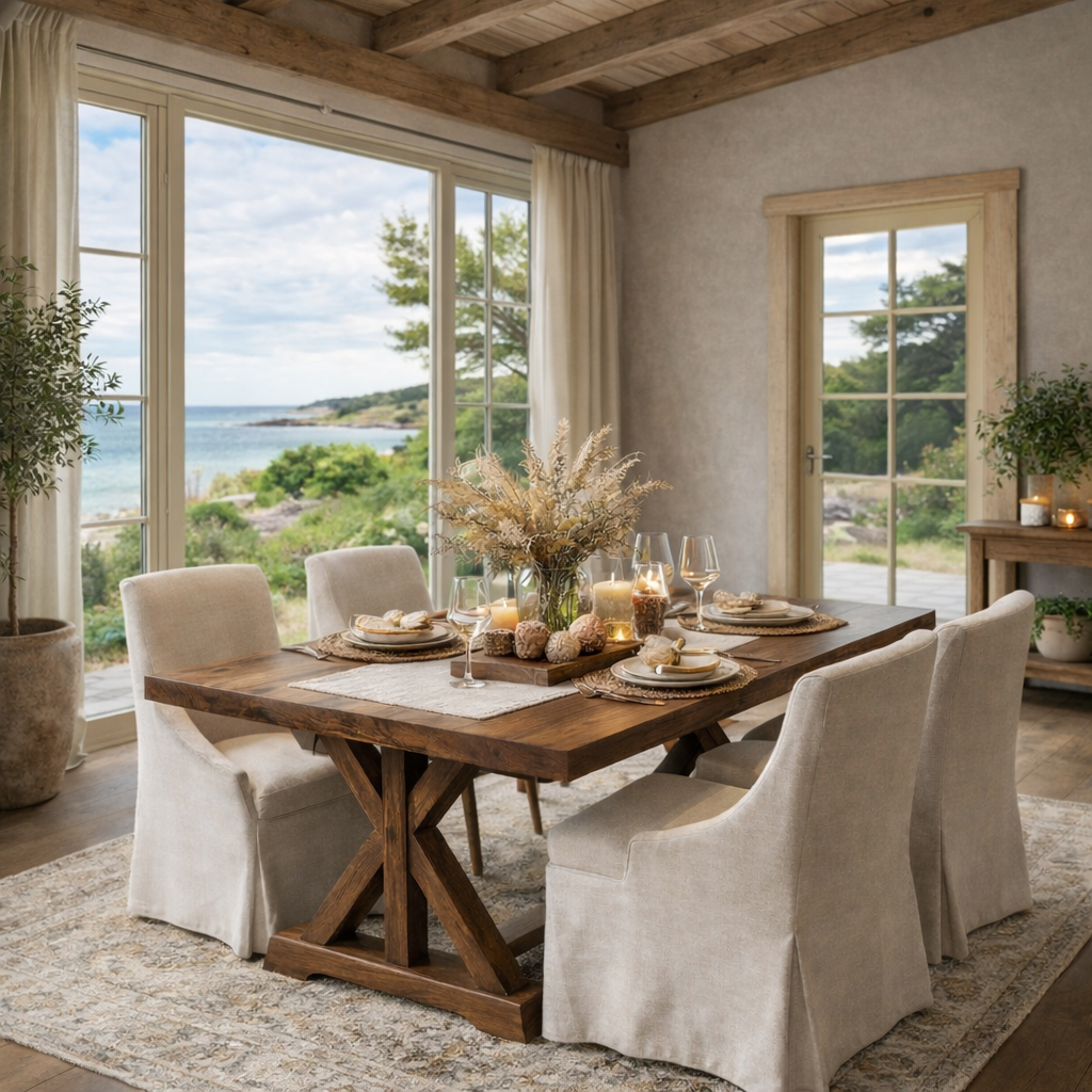 Coastal Rustic Solid Wood Dining Table with X-Base