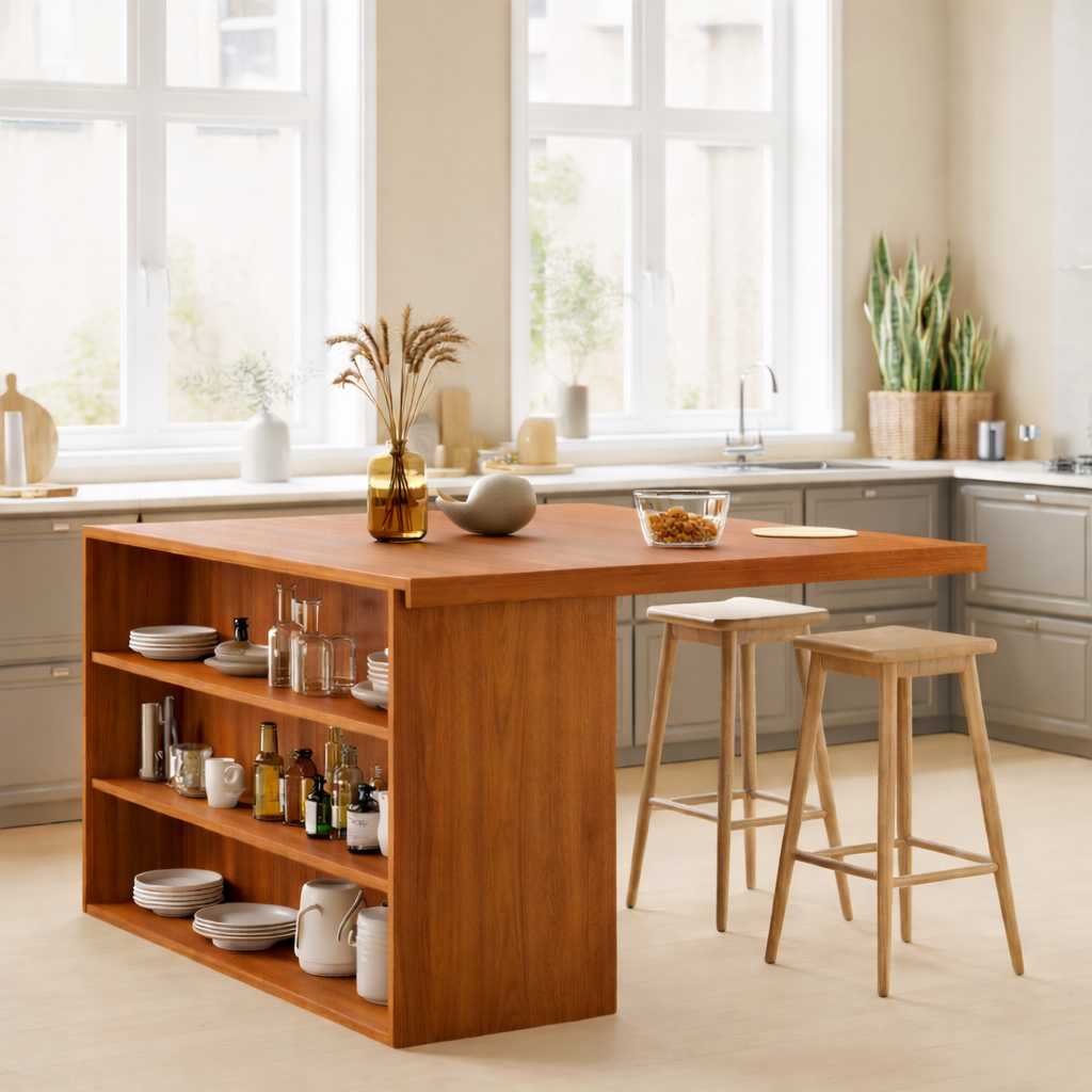 Modern Solid Wood Kitchen Island with Open Storage Shelves