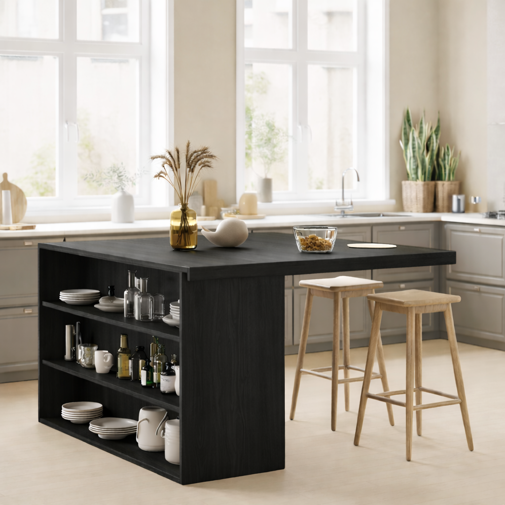 Modern Solid Wood Kitchen Island with Open Storage Shelves