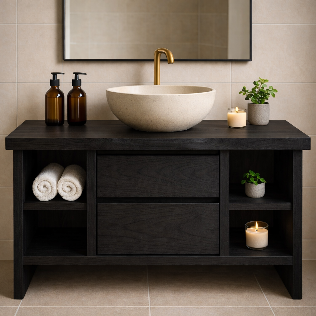 Solid Wood Bathroom Vanity with Open Shelving and Double Drawers