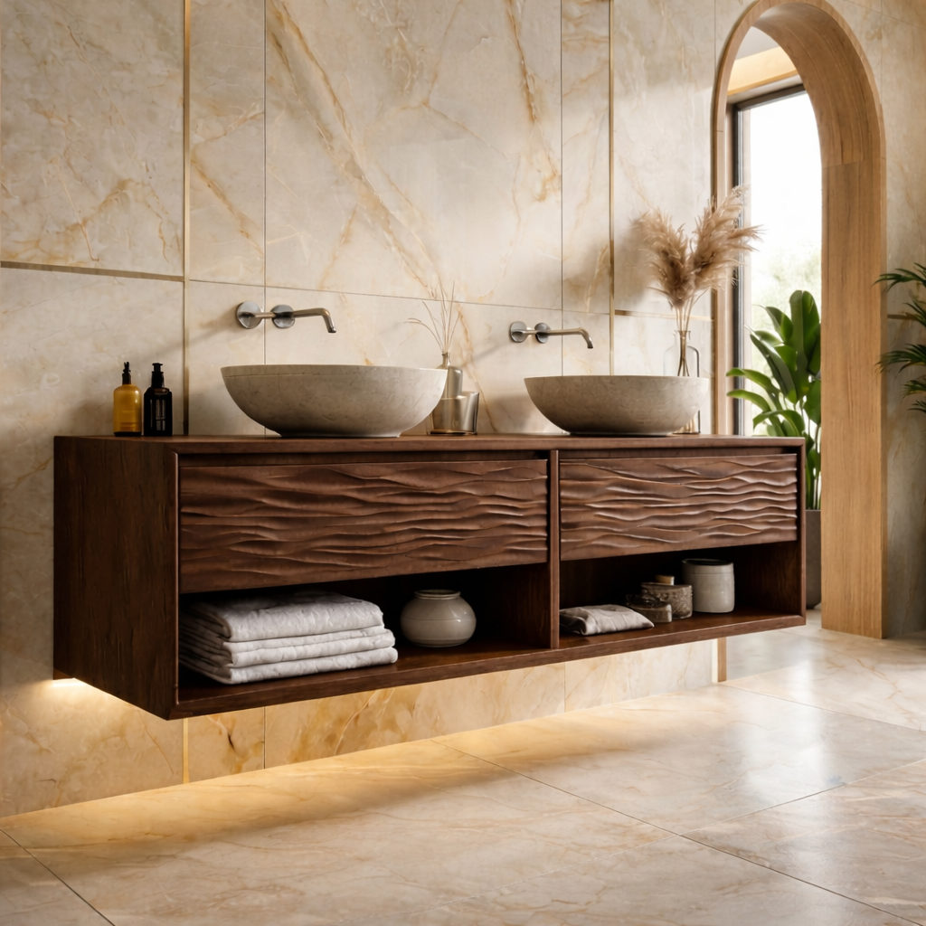 Floating Solid Wood Bathroom Vanity with Wave Front and Open Shelf Storage