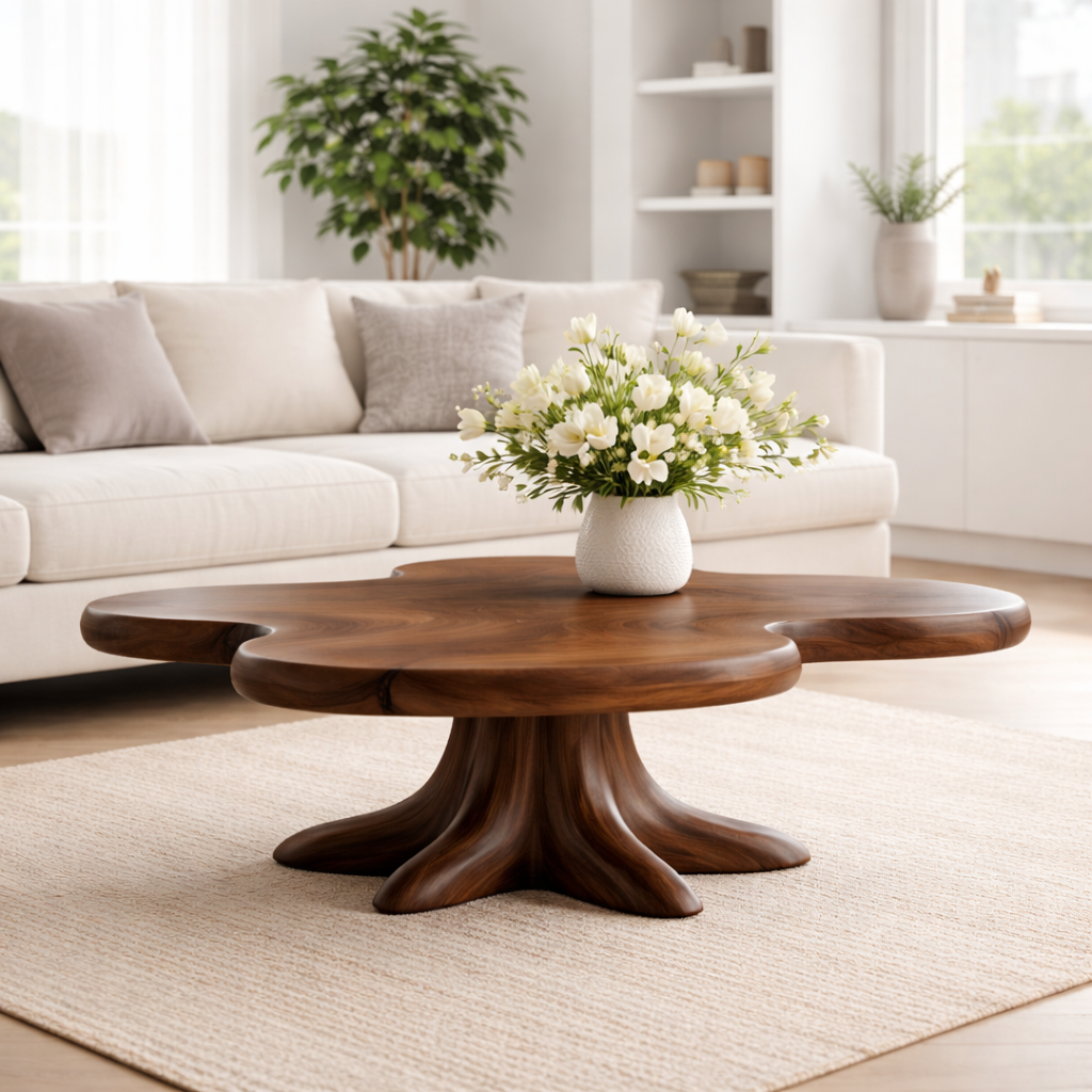 Solid Wood Coffee Table with Sculpted Flower Silhouette and Root Base