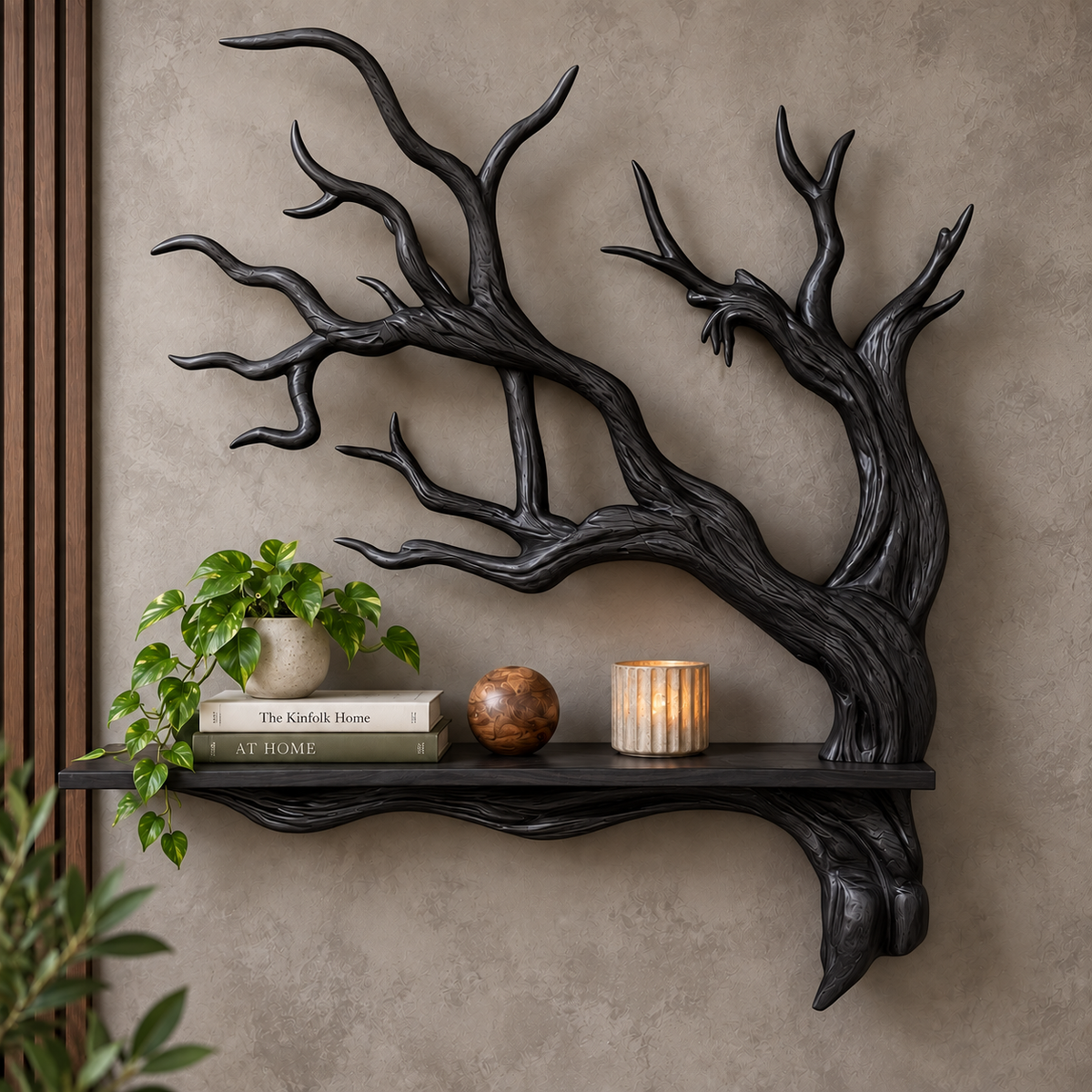 Sculptural Solid Wood Branch Wall Shelf